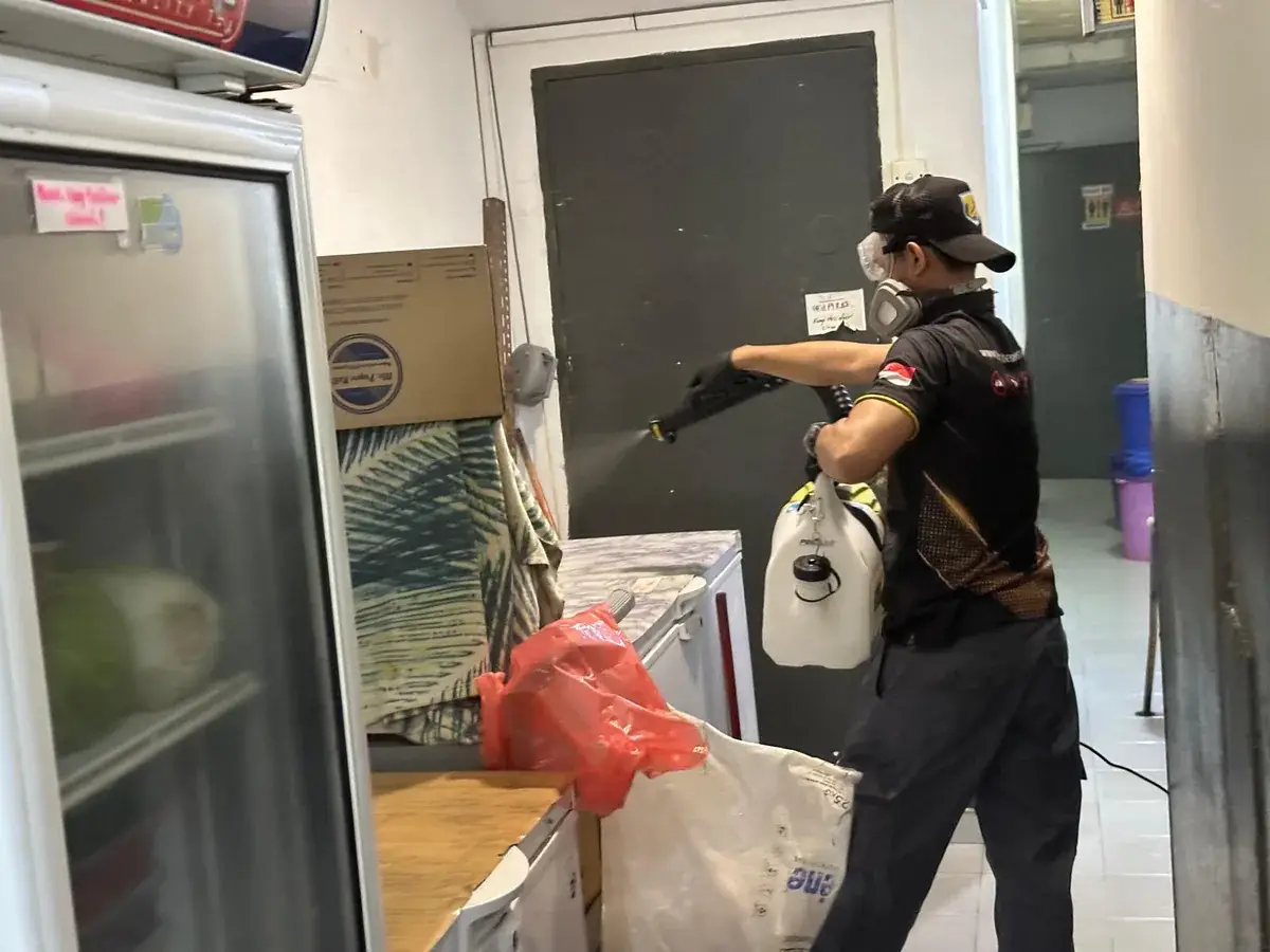 Pest control treatment being carried out inside an F&B kitchen in Singapore